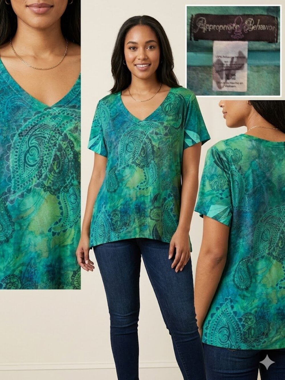 Appropriate Behavior Teal Green Paisley V-Neck Blouse Top Sz XL Short Sleeve - Picture 2 of 9
